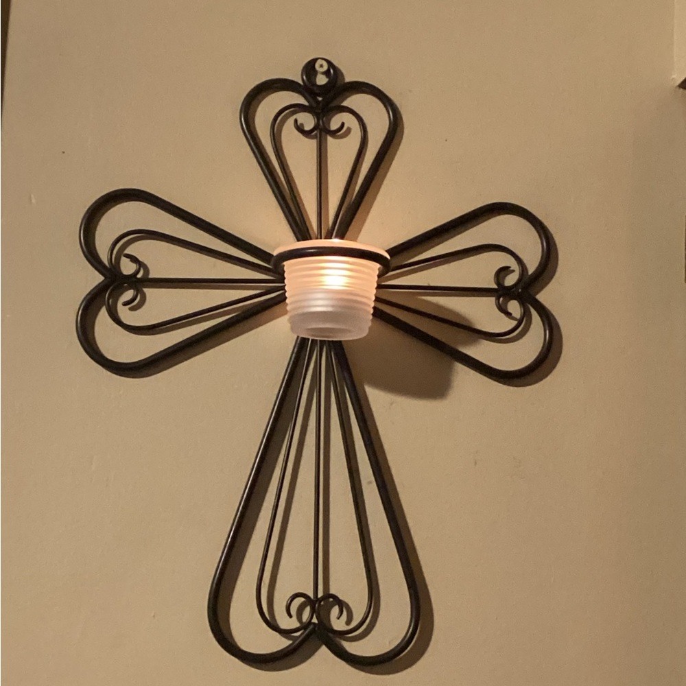 PARTYLITE ANTIQUE BRONZE WALL HANGING CROSS TEA LIGHT CANDLE HOLDER